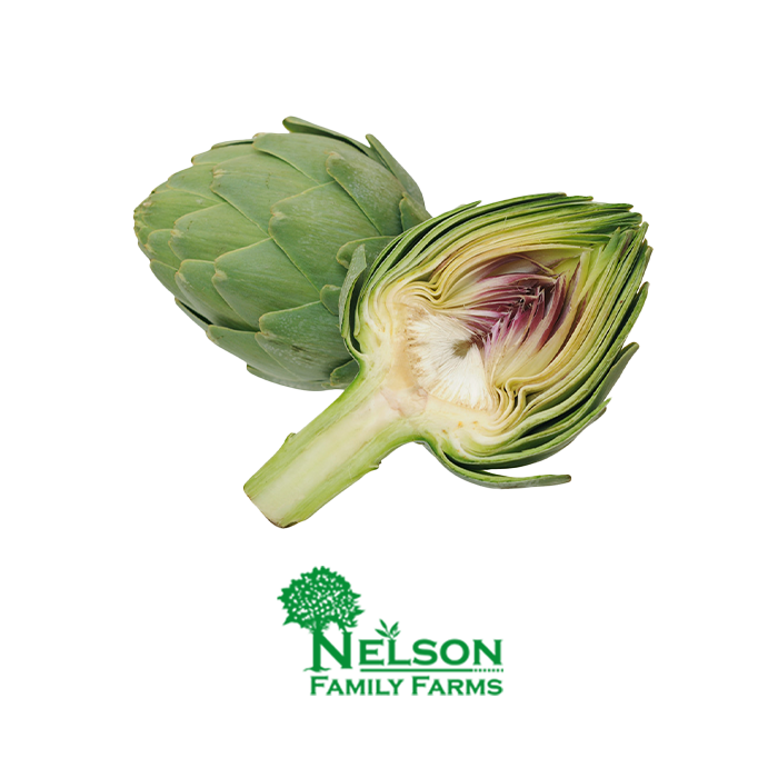 Fresh Artichoke in transparent background with Nelson Family Farms logo