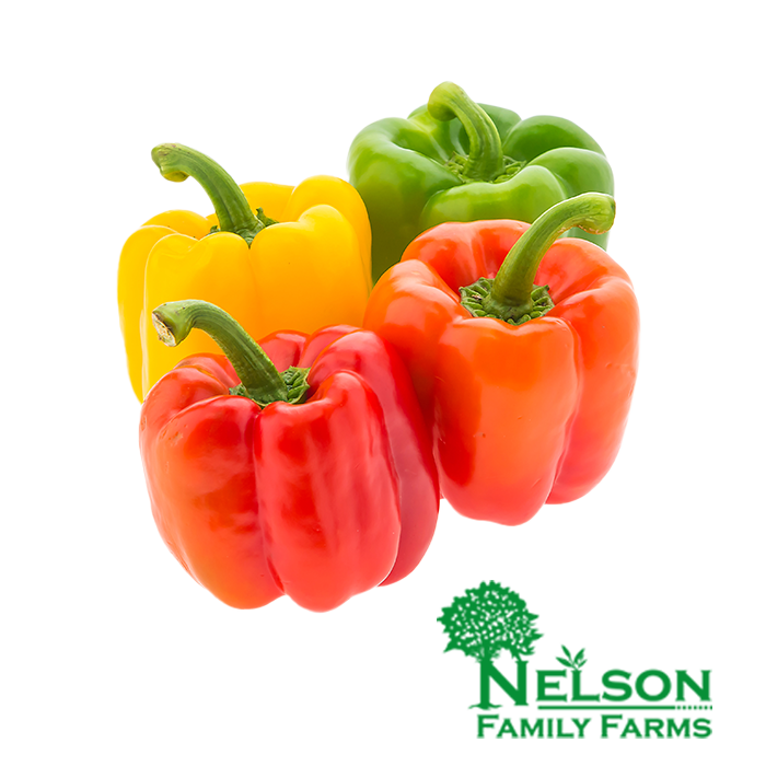 Fresh Bell peppers in transparent background with Nelson Family Farms logo
