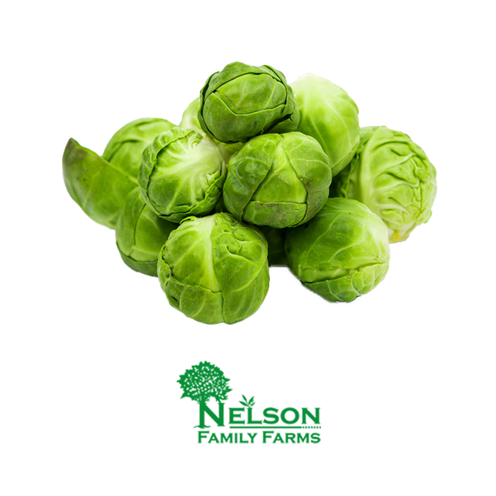 Fresh Brussel Sprouts in transparent background with Nelson Family Farms logo