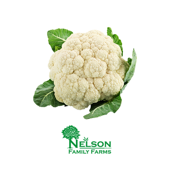 Fresh Cauliflower in transparent background with Nelson Family Farms logo