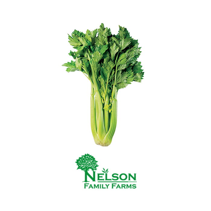 Fresh Celery in transparent background with Nelson Family Farms logo
