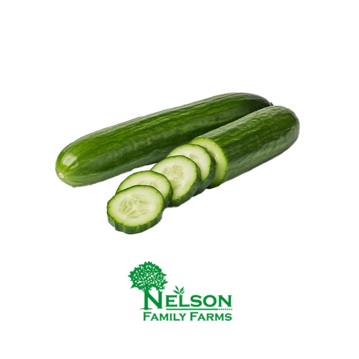 Fresh European Cucumbers in transparent background with Nelson Family Farms logo