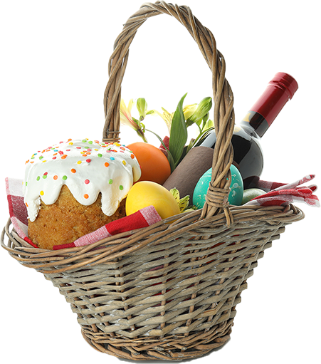 A basket of wine, cakes and goodies