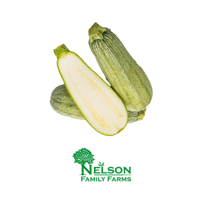 Fresh Mexican Zucchini Grey in transparent background with Nelson Family Farms logo