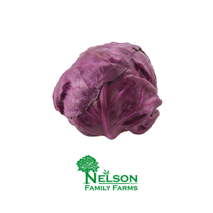 Fresh Red Cabbage in transparent background with Nelson Family Farms logo