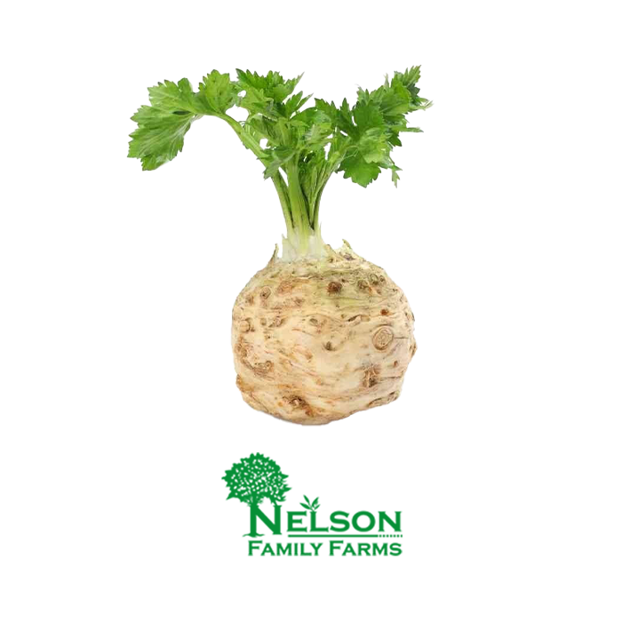 Fresh Celery Root in transparent background with Nelson Family Farms logo