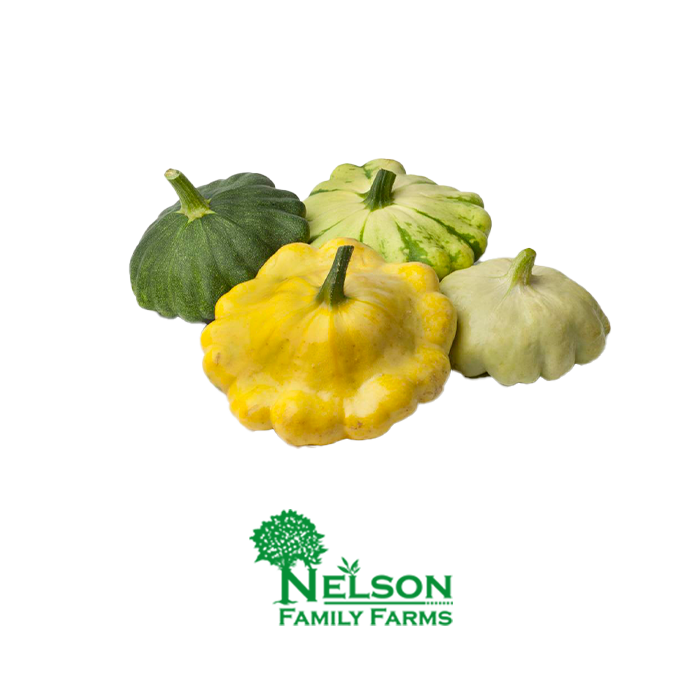 Fresh Pattypan Squash in transparent background with Nelson Family Farms logo
