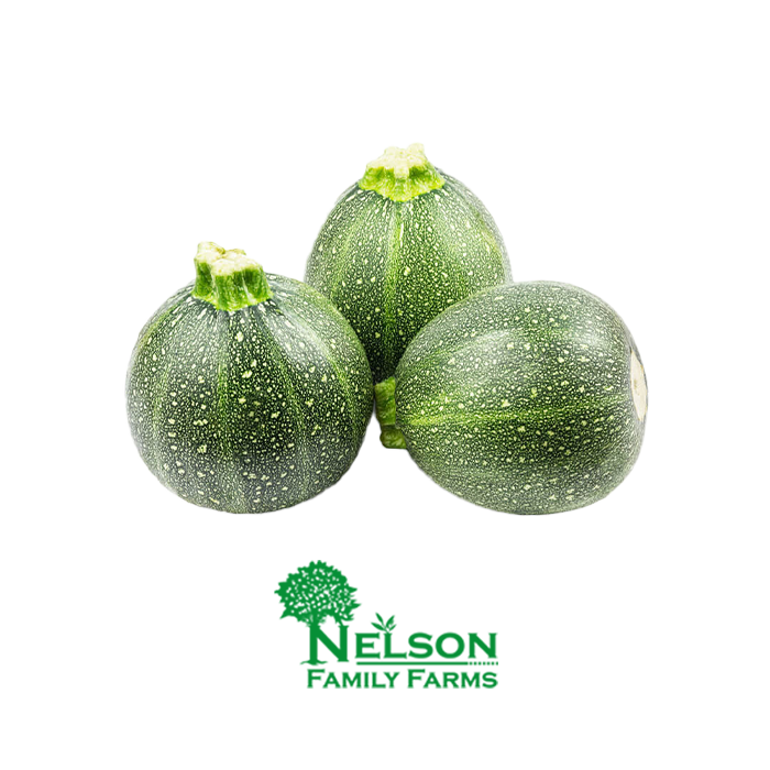 Fresh Round Zucchini in transparent background with Nelson Family Farms logo