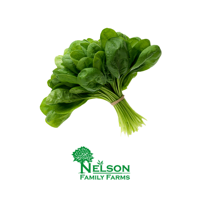 Fresh Spinach in transparent background with Nelson Family Farms logo