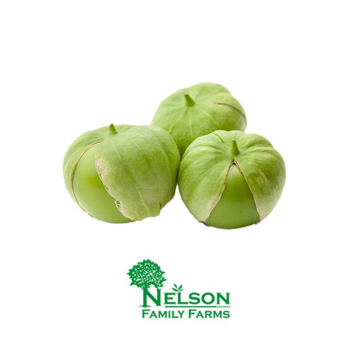 Fresh Tomatillos in transparent background with Nelson Family Farms logo
