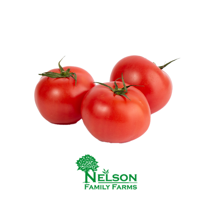Fresh tomatoes in transparent background with Nelson Family Farms logo