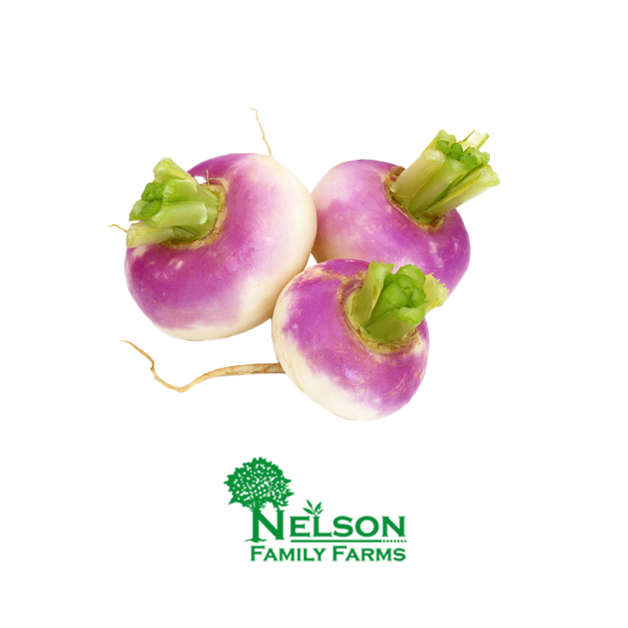 Fresh Turnips in transparent background with Nelson Family Farms logo