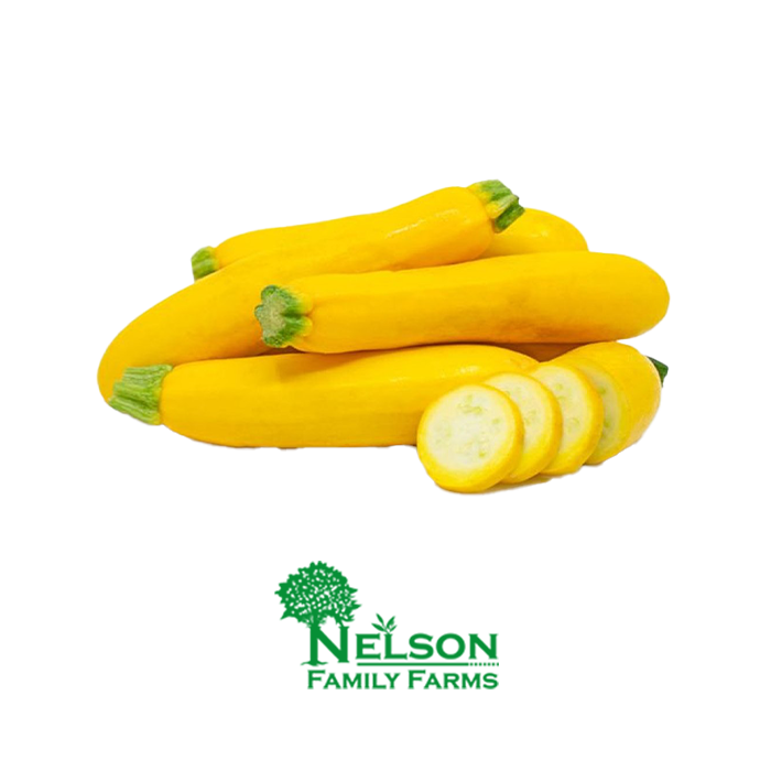Fresh Yellow Zucchini in transparent background with Nelson Family Farms logo